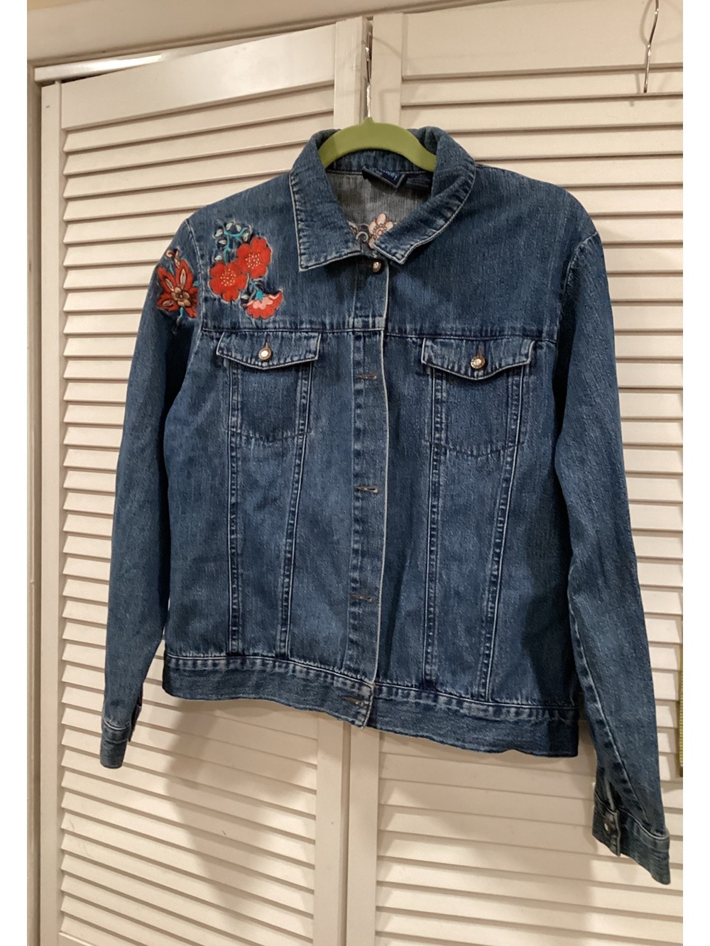 Jane Ashley Dark Blue Denim Jacket with Red Floral Embroidery